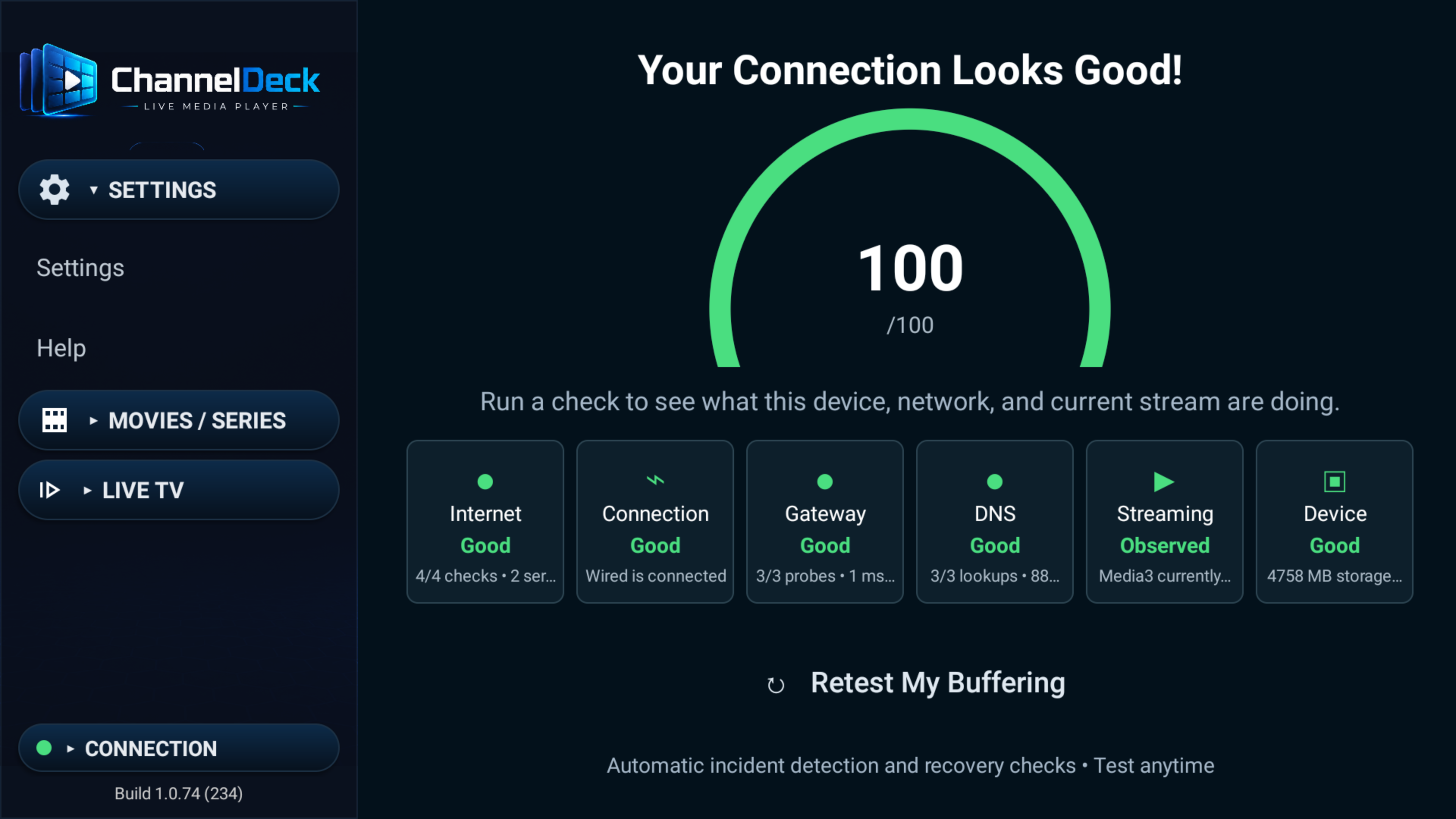 Current ChannelDeck BufferTruth dashboard with a completed health check