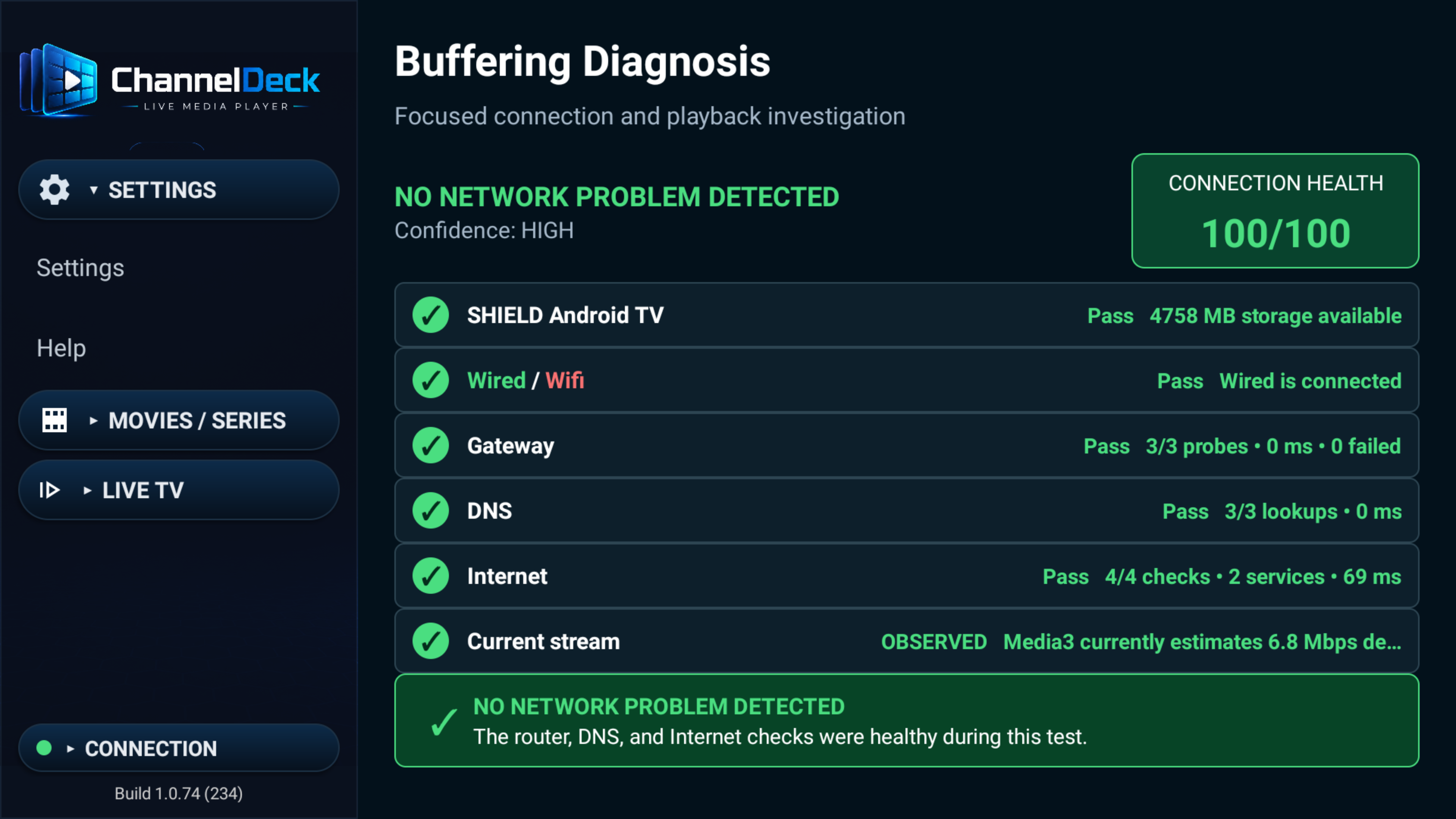 Current ChannelDeck BufferTruth completed connection diagnosis