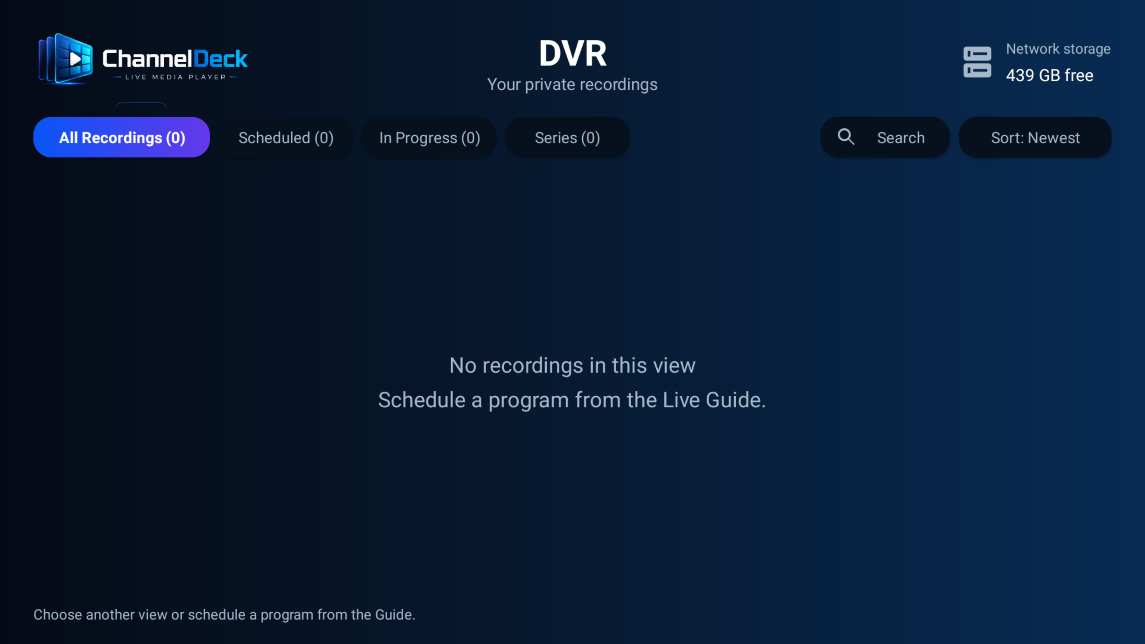 ChannelDeck DVR library showing recording categories and network storage status