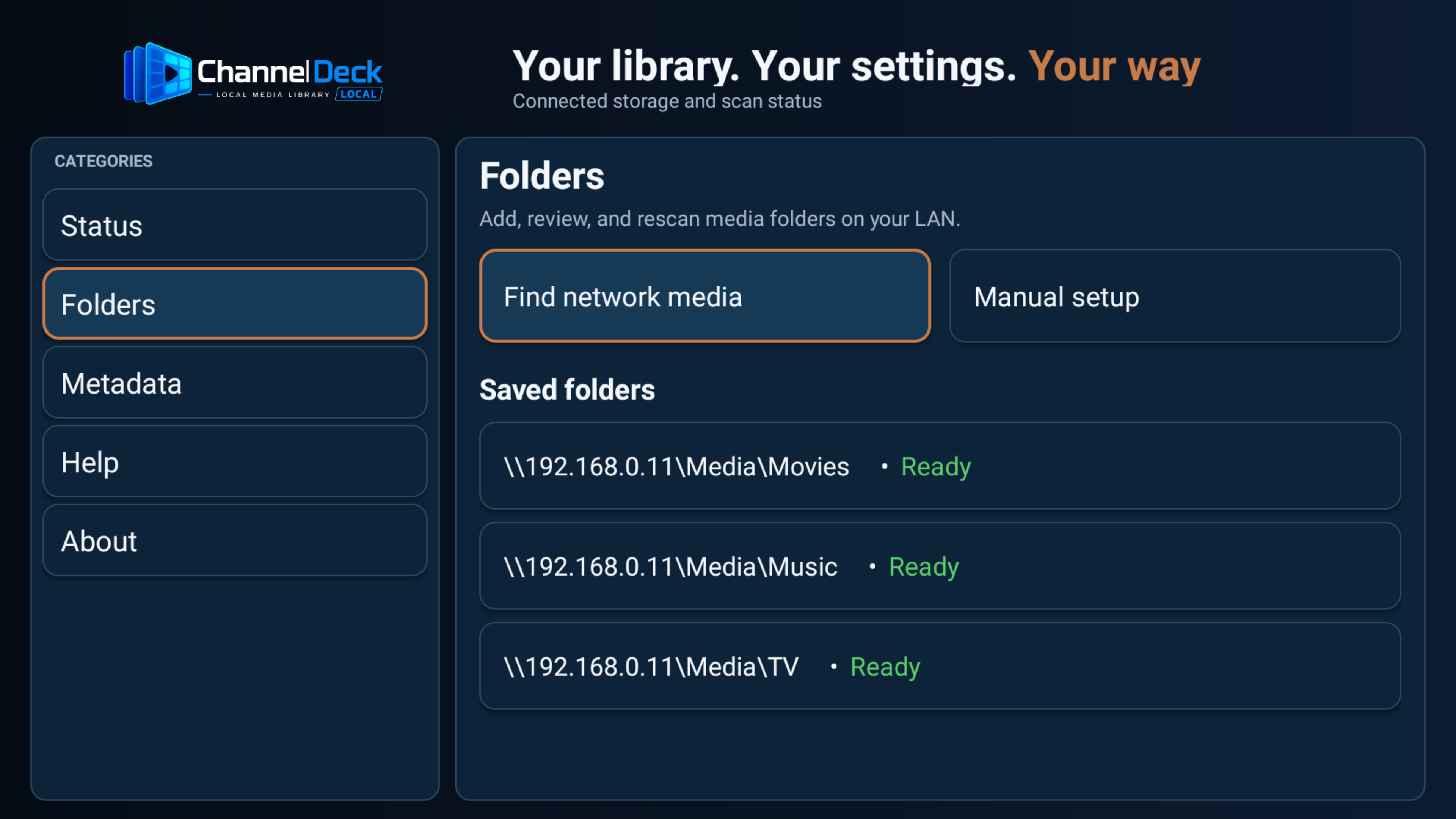 ChannelDeck Local folder selection screen