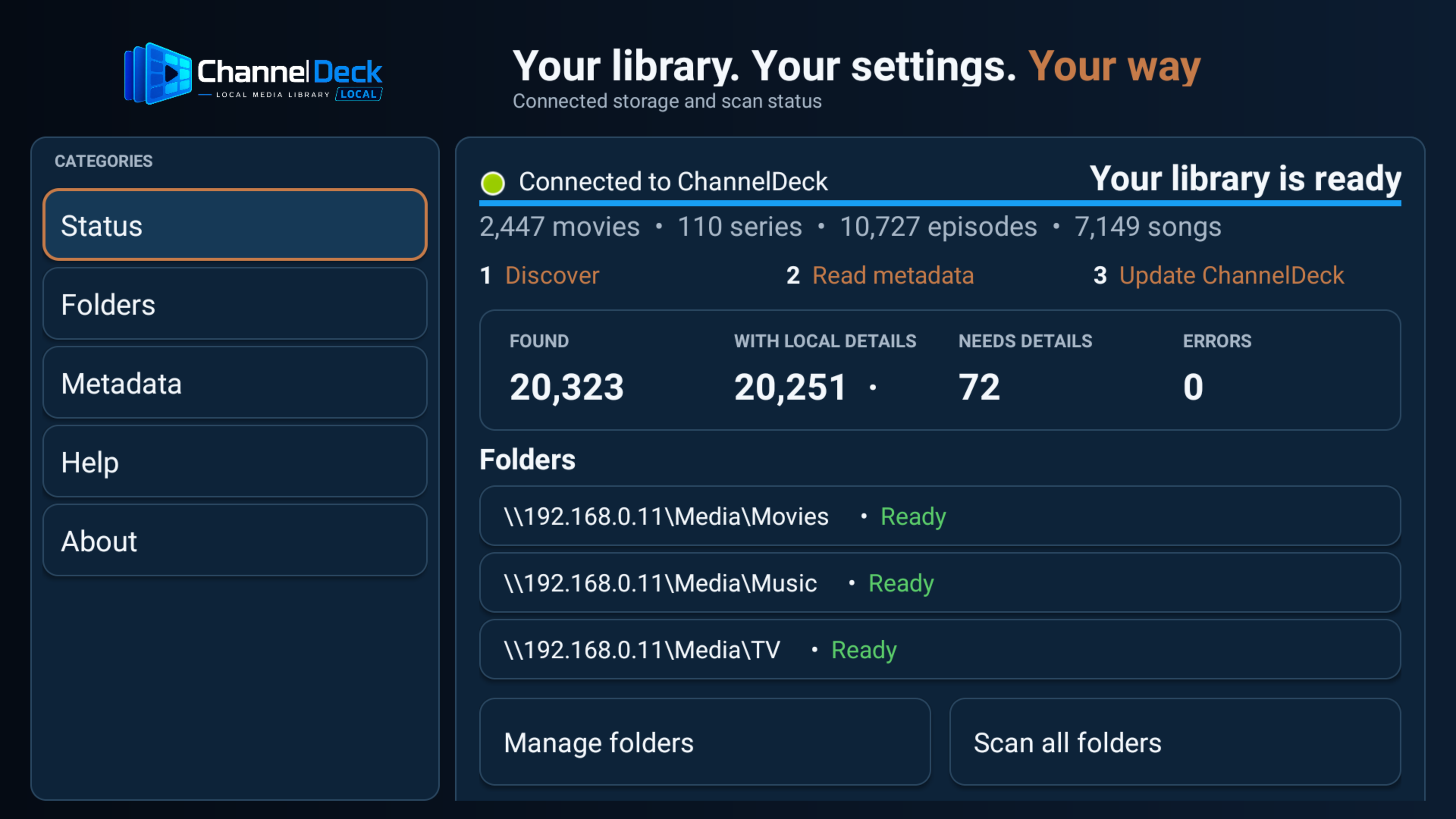 ChannelDeck Local status screen showing a ready catalog