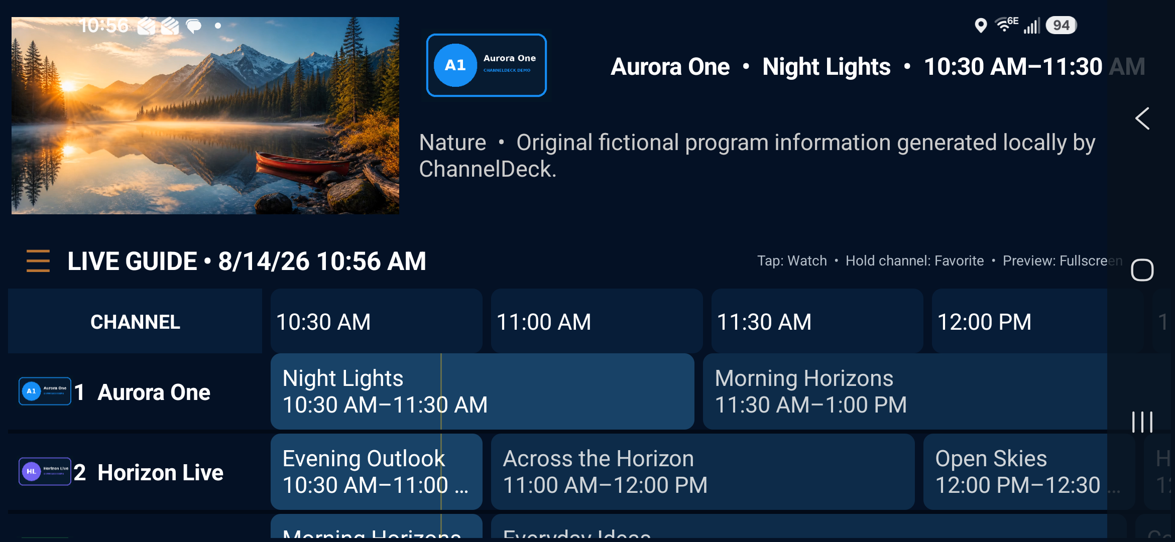 ChannelDeck Mobile fictional live guide on an Android phone