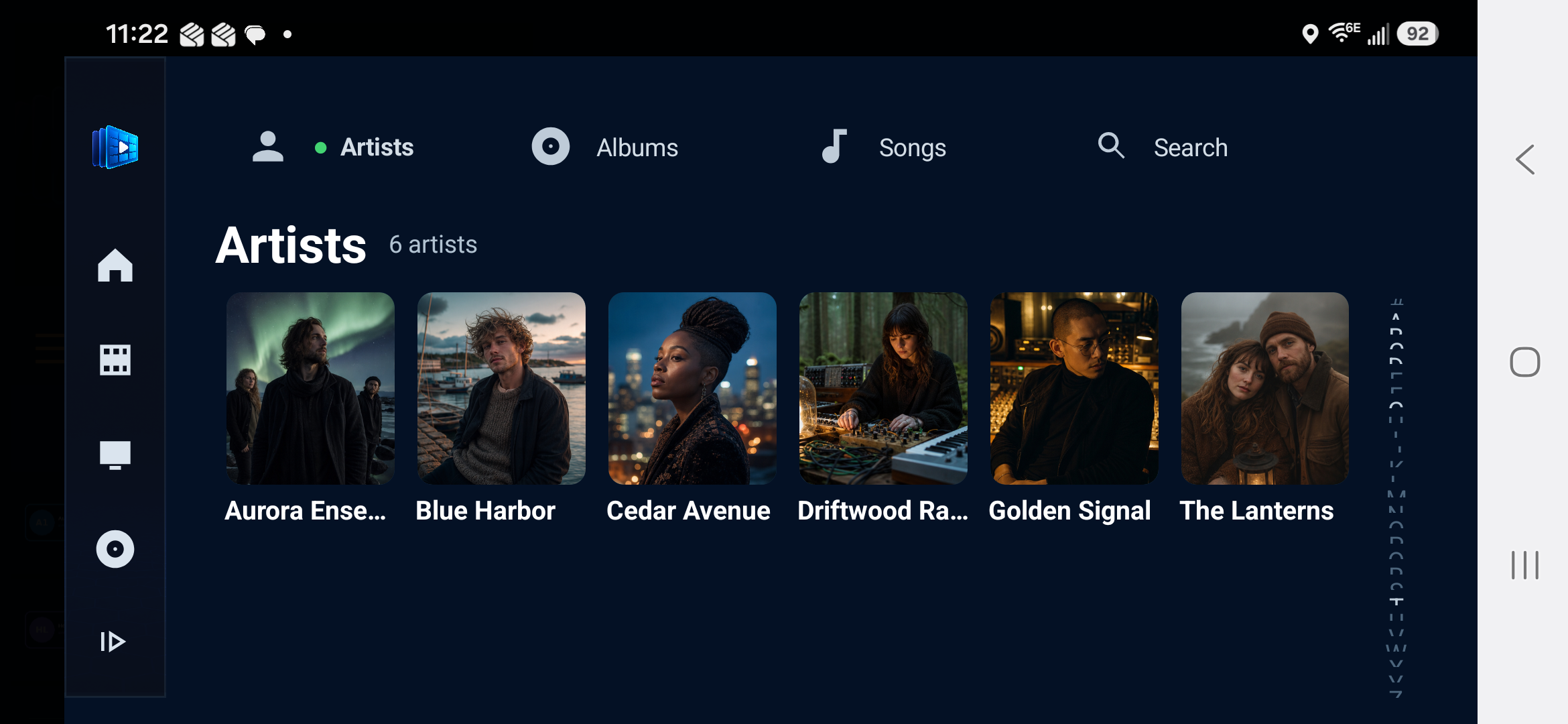 ChannelDeck Mobile fictional Music Artists screen on an Android phone