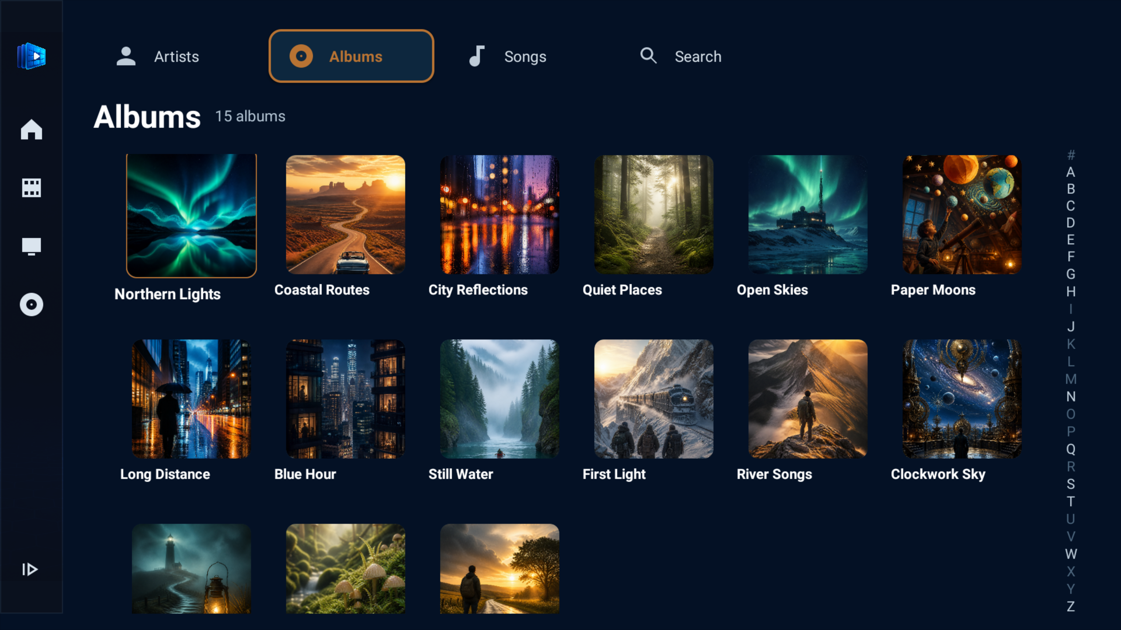 ChannelDeck Music Albums screen populated with fictional albums and original artwork