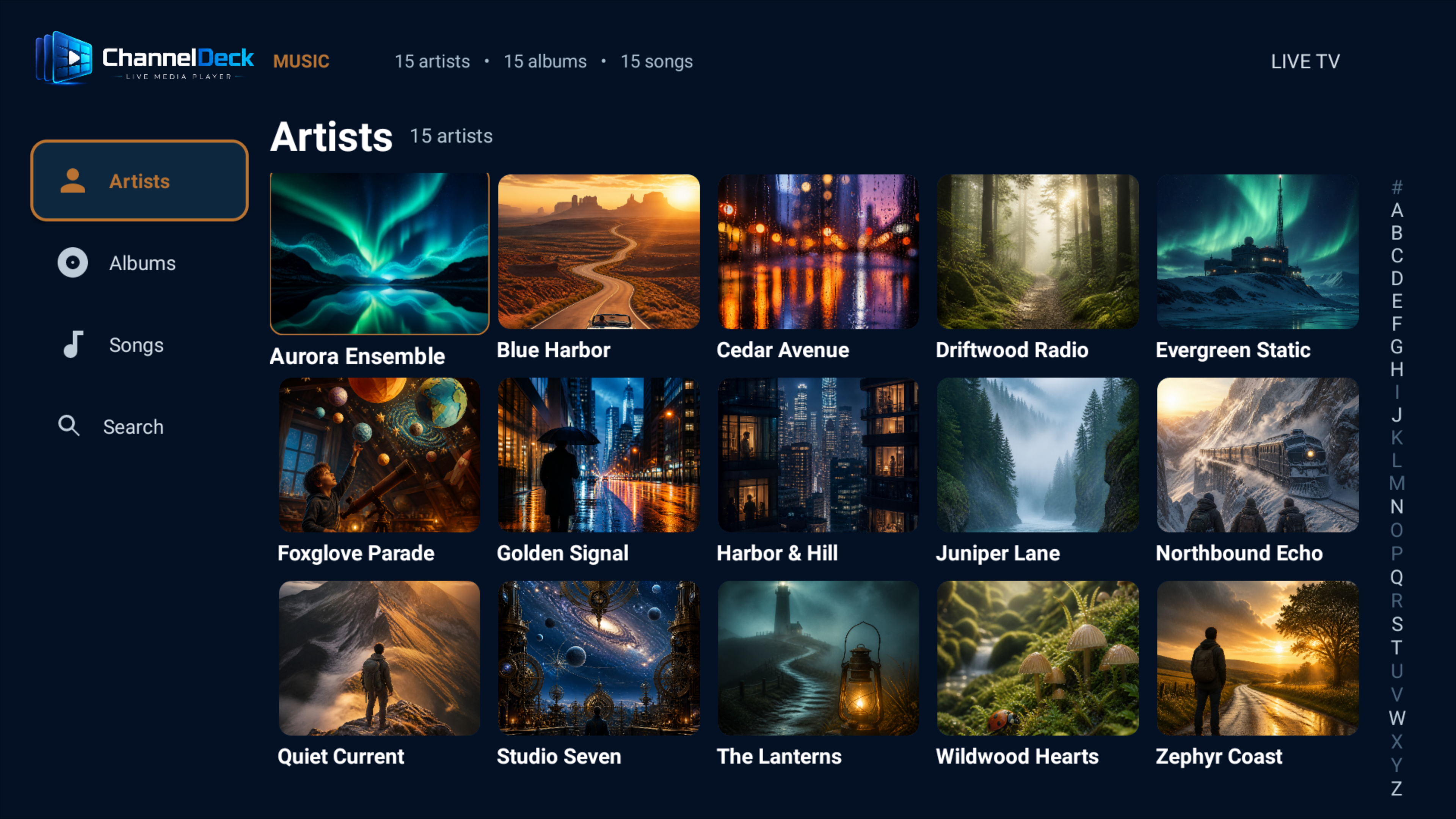 ChannelDeck Music Artists screen populated with fictional artists and original artwork