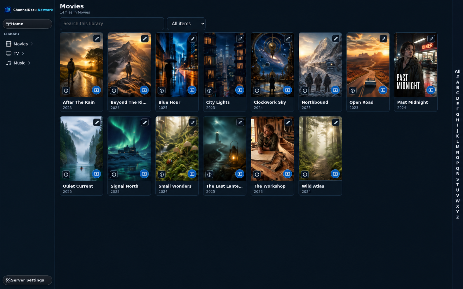 Current ChannelDeck Network movie library with fictional titles and photographic posters