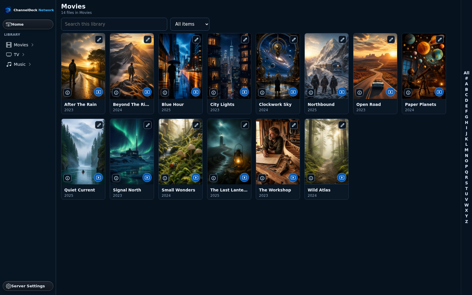Current ChannelDeck Network movie library with fictional titles and photographic artwork