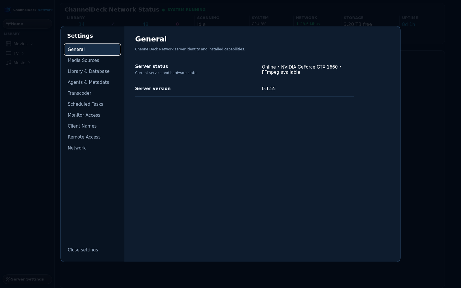 Current ChannelDeck Network settings navigation and server information