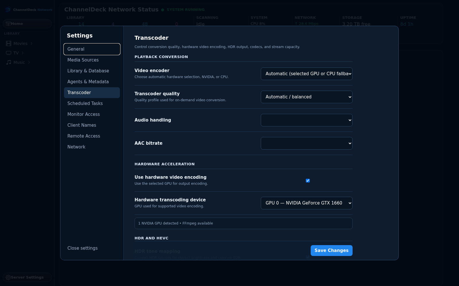 Current ChannelDeck Network transcoder settings