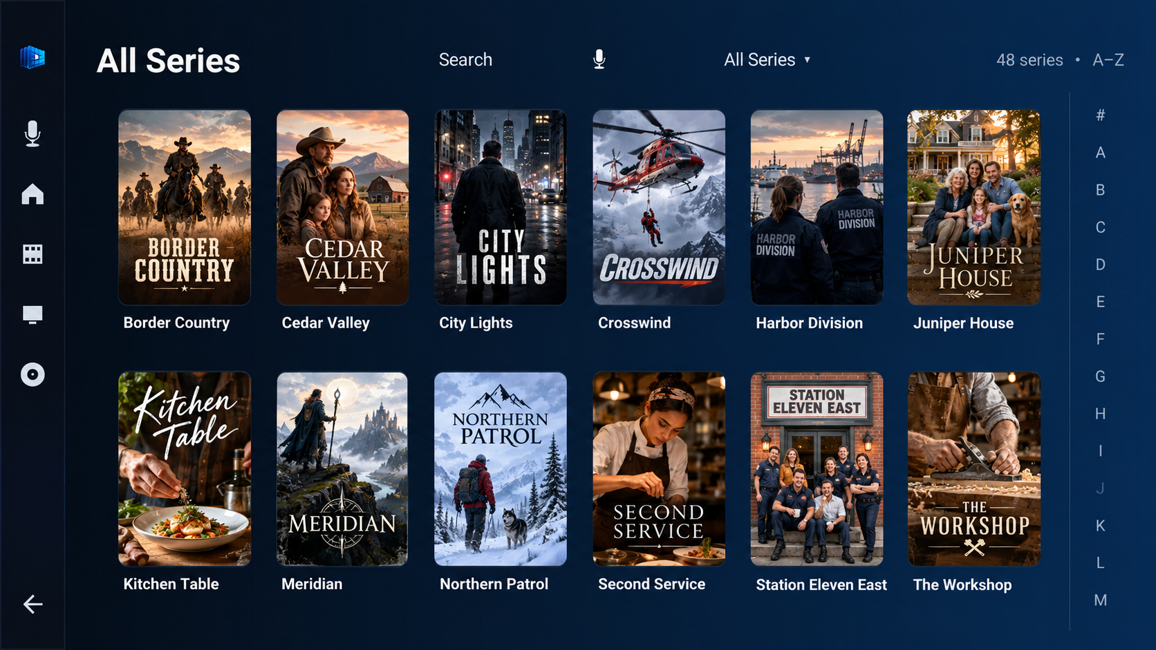 Current ChannelDeck series library with fictional titles and photographic posters
