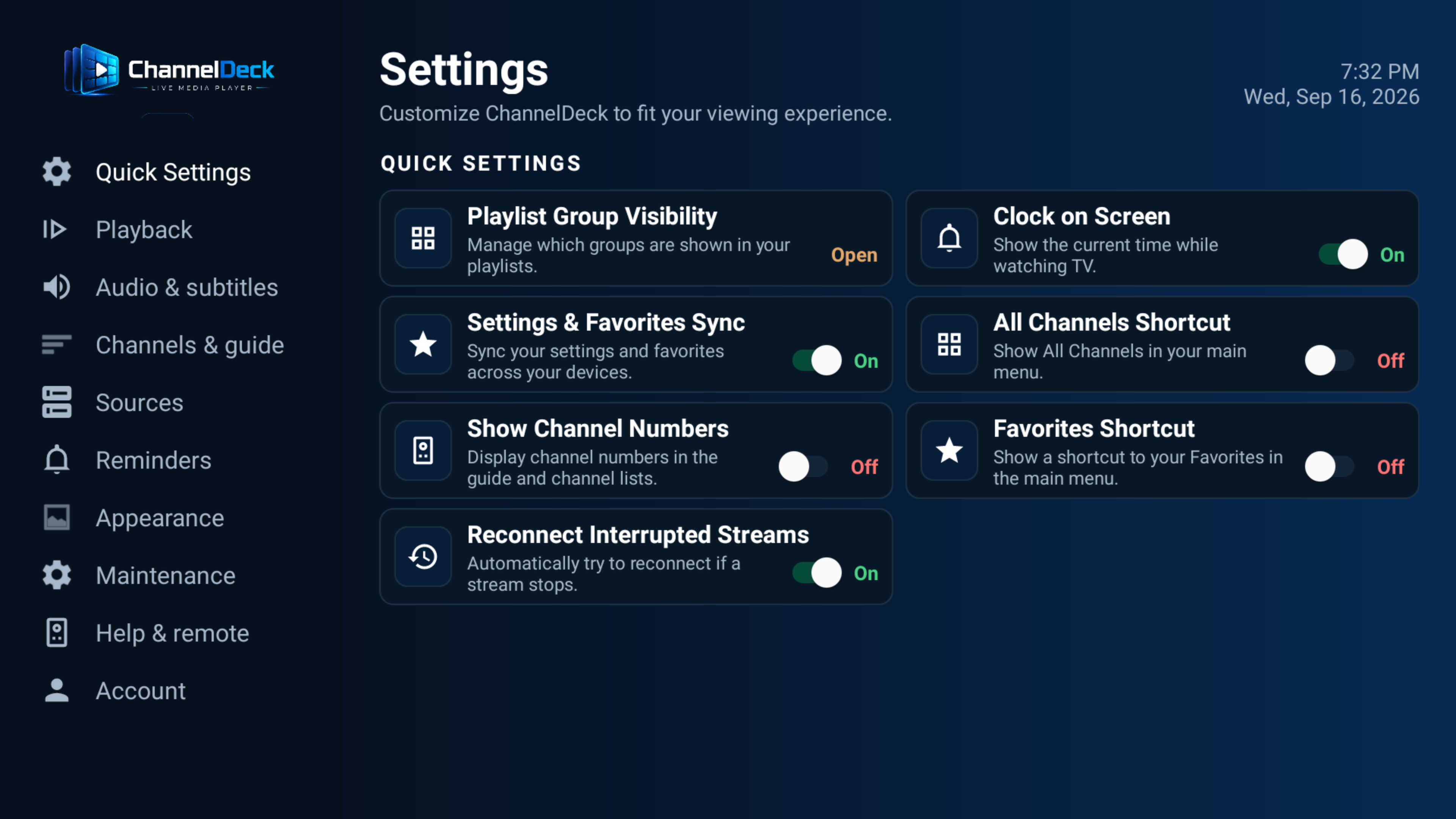 Current ChannelDeck Quick Settings screen