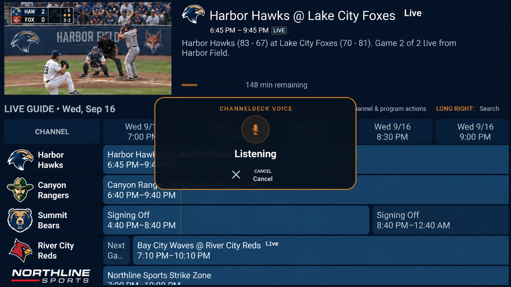 ChannelDeck Voice listening dialog over the live guide with fictional channel identities